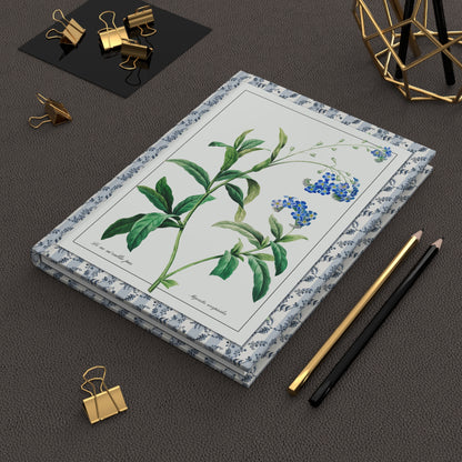Forget Me Not hardcover journal in lifestyle setting, premium matte finish journal featuring vintage Redouté botanical art, elegant stationery for memory keepers and flower language enthusiasts - LeBonJournal