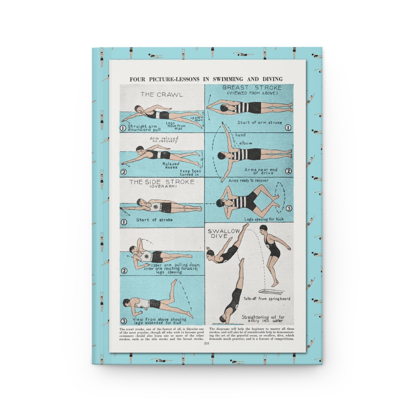 Four Picture-Lessons in Swimming and Diving front cover from 1940s-1950s Book of Knowledge showing crawl stroke breast stroke side stroke and swallow dive diagrams - LeBonJournal
