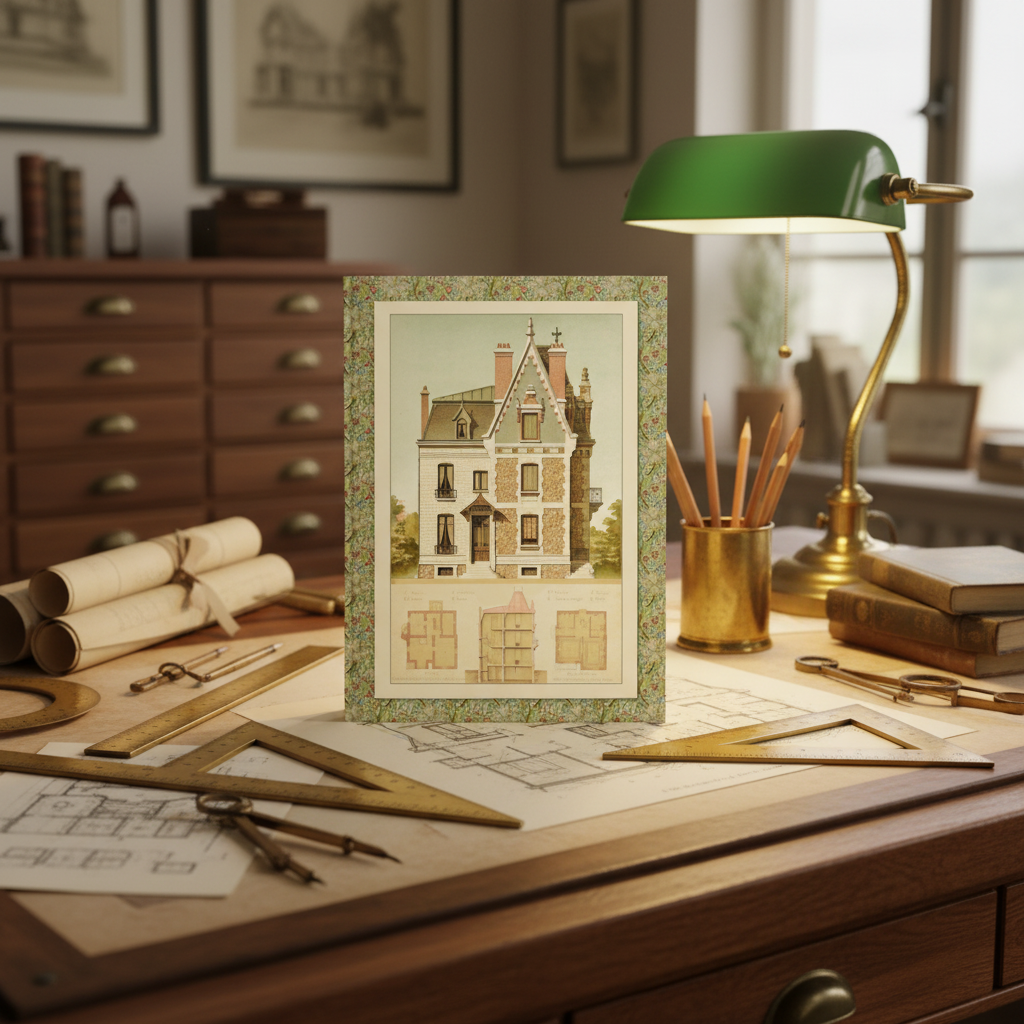 François Eugène Bardon French villa journal on vintage architect drafting table with drawing tools blueprints and brass lamp - LeBonJournal