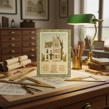 François Eugène Bardon French villa journal on vintage architect drafting table with drawing tools blueprints and brass lamp - LeBonJournal