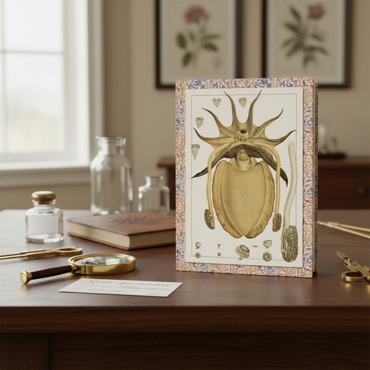 Frederick McCoy 1885-1890 cuttlefish journal standing upright on Victorian desk with brass magnifying glass specimen jar and scientific tools in natural history museum setting - LeBonJournal