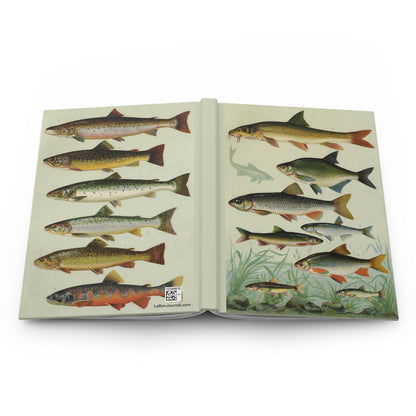 Freshwater fish hardcover journal open showing front and back covers with casewrap sewn spine, Walter 1913 and Our Country's Fishes 1902 - LeBonJournal