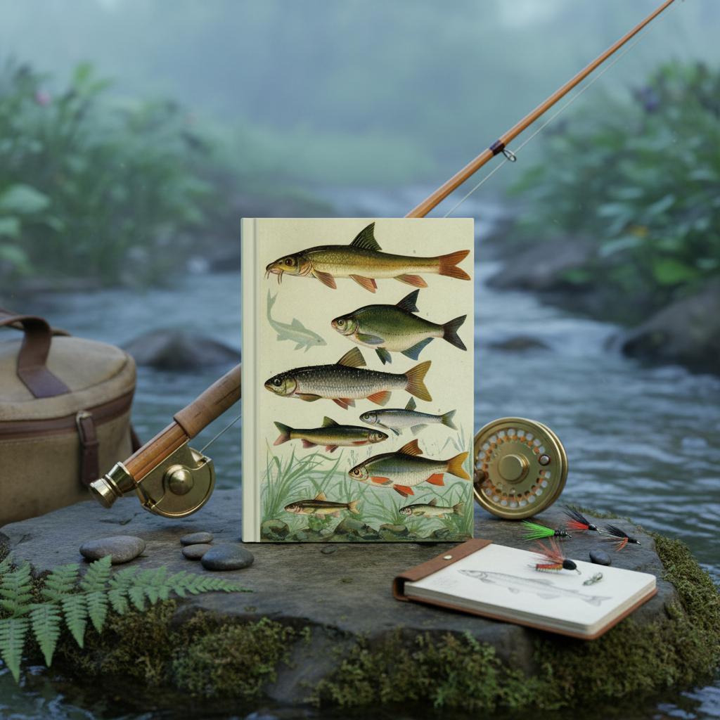 Freshwater fish journal on mossy riverside rock with bamboo fly rod brass reel and hand-tied lures morning mist - LeBonJournal