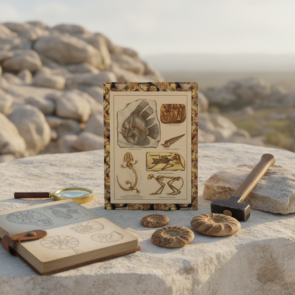 Friedrich Rolle 1886 fossil specimens journal on limestone rock surrounded by ammonite fossils, geological hammer, leather field notebook and magnifying glass, warm afternoon light - LeBonJournal