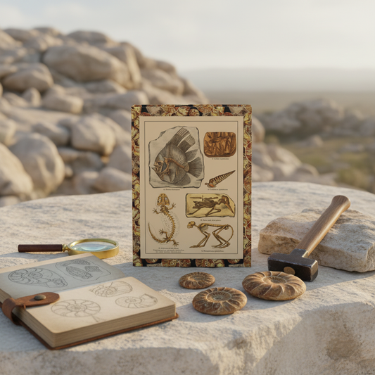 Friedrich Rolle 1886 fossil specimens journal on limestone rock surrounded by ammonite fossils, geological hammer, leather field notebook and magnifying glass, warm afternoon light - LeBonJournal