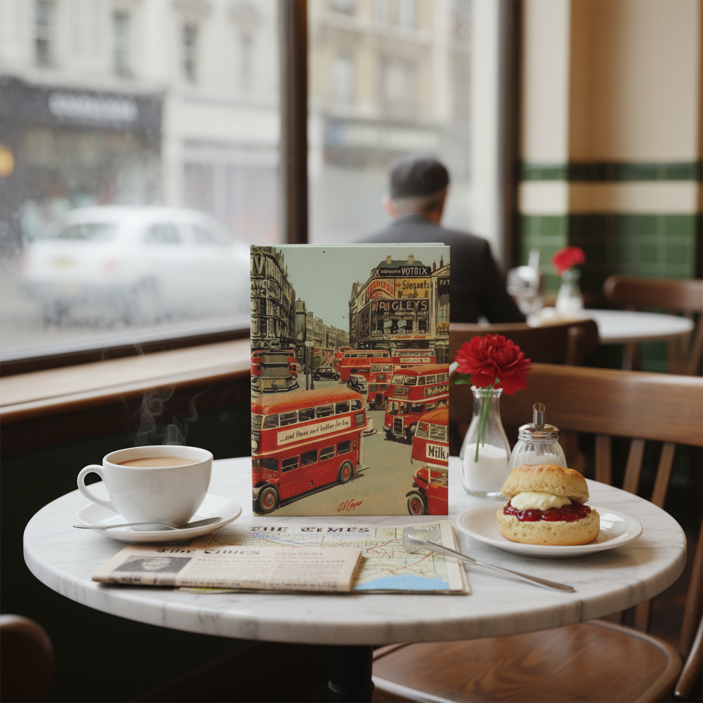 G.S. Cooper Piccadilly Circus 1949 London journal in 1950s cafe tea scone The Times rainy window - LeBonJournal

