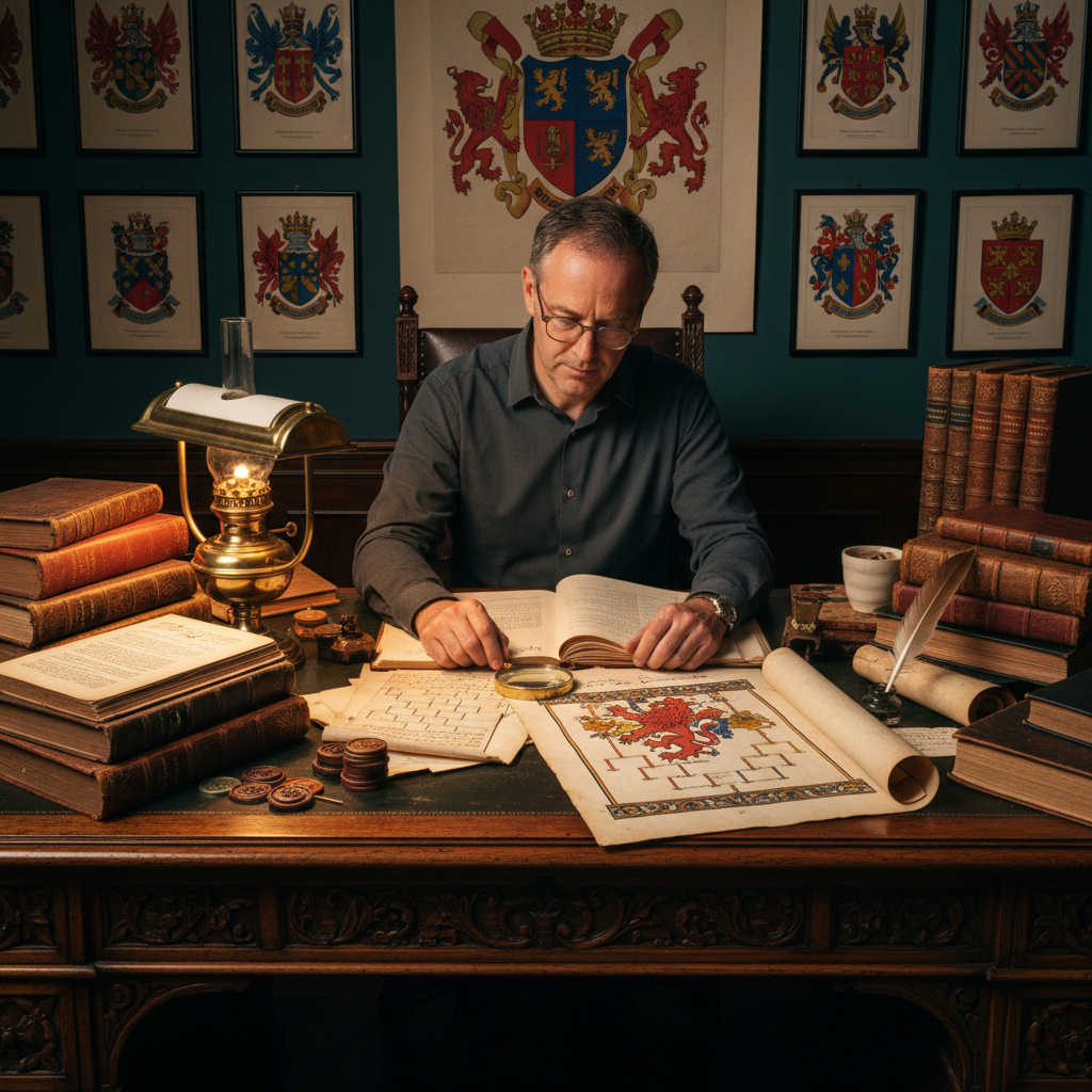 Genealogist studying historical heraldic designs and family crests - LeBonJournal
