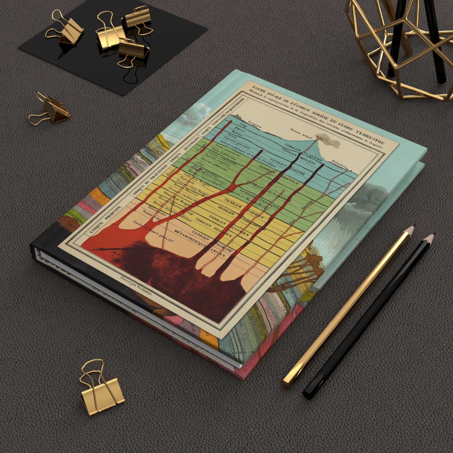 Geology stratigraphy journal on leather desk with gold clips and pencils for field research - LeBonJournal