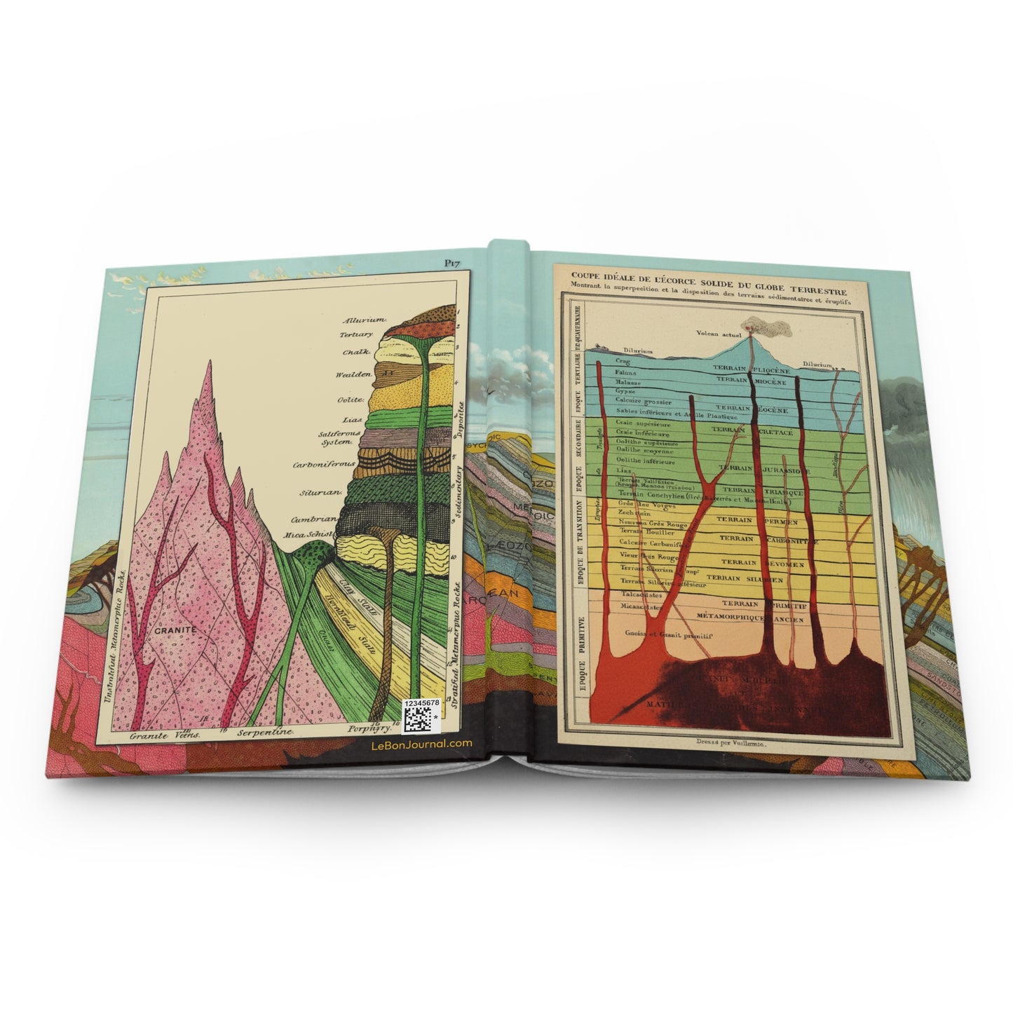 Geology hardcover journal open showing front and back covers with casewrap sewn spine, Vuillemin Emslie c.1850 Victorian science - LeBonJournal