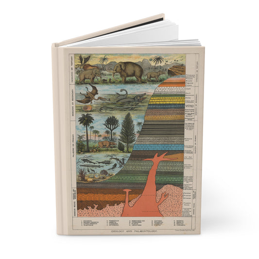 Geology journal standing slightly open showing front and back covers with Victorian 1880 palaeontology chart and Mount Etna cross-section - LeBonJournal