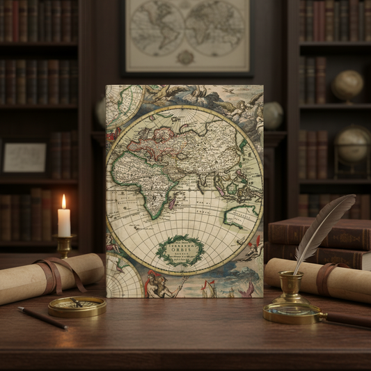 Gerard van Schagen 1689 Nova Totius Terrarum Orbis world map journal on antique oak explorer's desk with brass compass rolled charts and amber candlelight - LeBonJournal