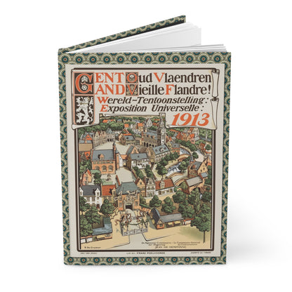 Ghent 1913 World's Fair hardcover journal standing vertically slightly open showing lined pages, De Cramer Belle Époque poster cover - LeBonJournal