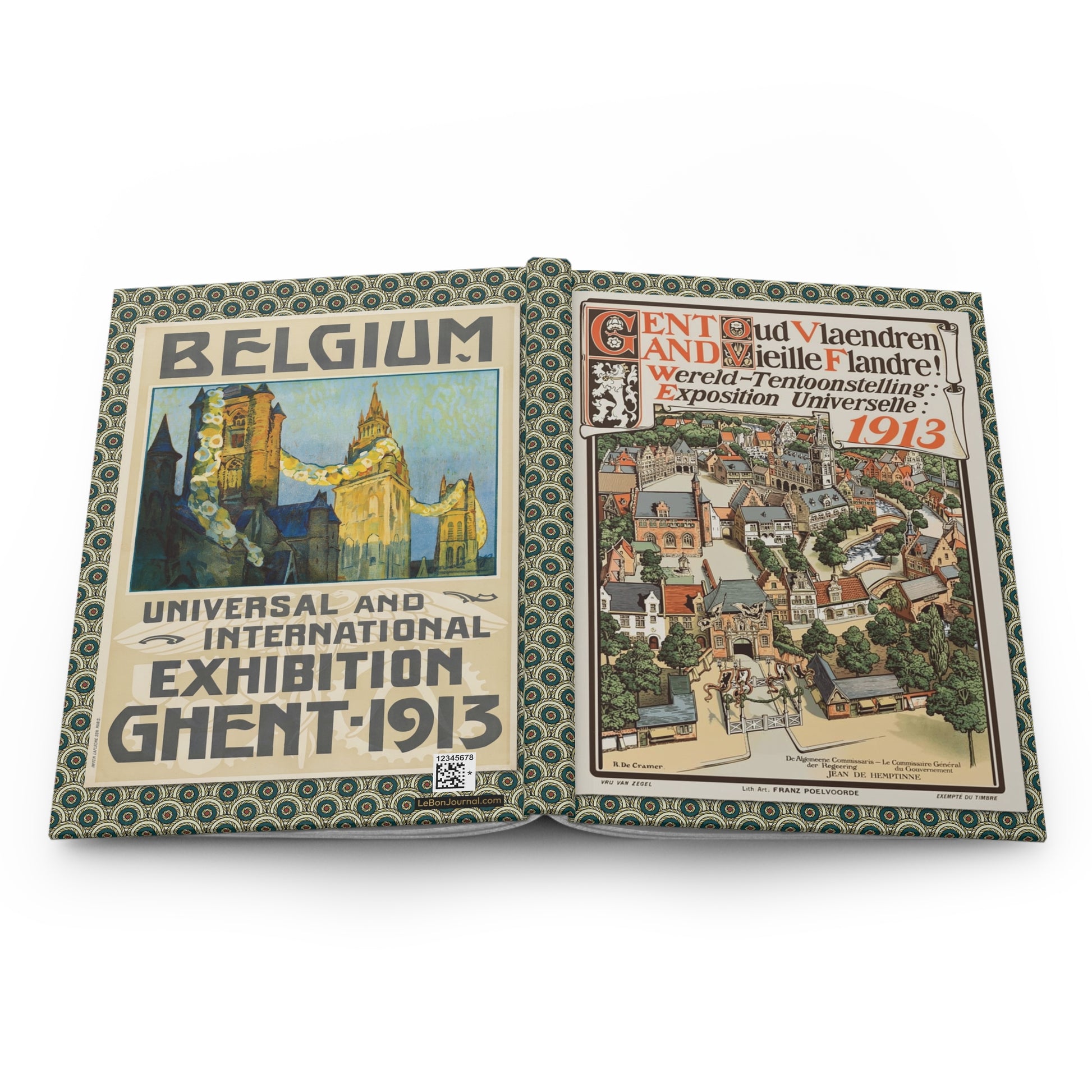 Ghent 1913 World's Fair hardcover journal open showing front and back covers with casewrap sewn spine, Belle Époque poster art - LeBonJournal
