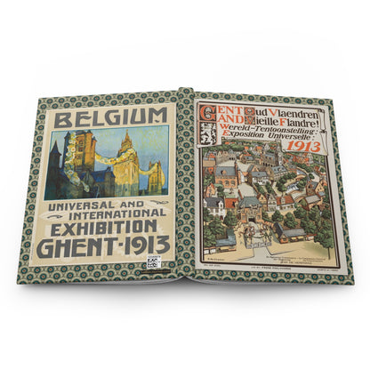 Ghent 1913 World's Fair hardcover journal open showing front and back covers with casewrap sewn spine, Belle Époque poster art - LeBonJournal