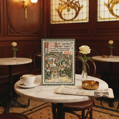 Ghent 1913 Exposition Universelle journal with De Cramer and Cornelis posters at Art Nouveau café - LeBonJournal