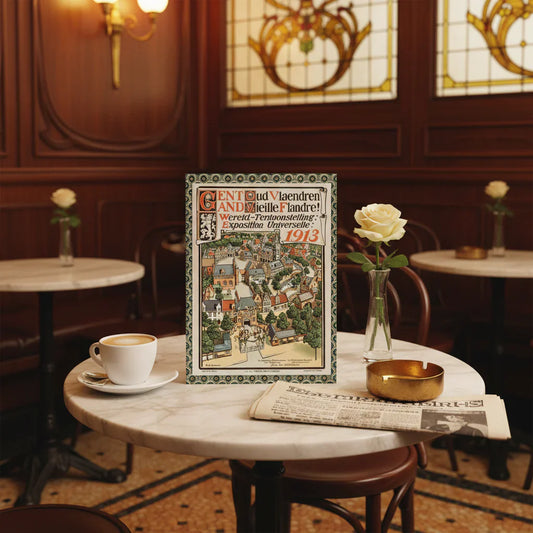Ghent 1913 Exposition Universelle journal with De Cramer and Cornelis posters at Art Nouveau café - LeBonJournal
