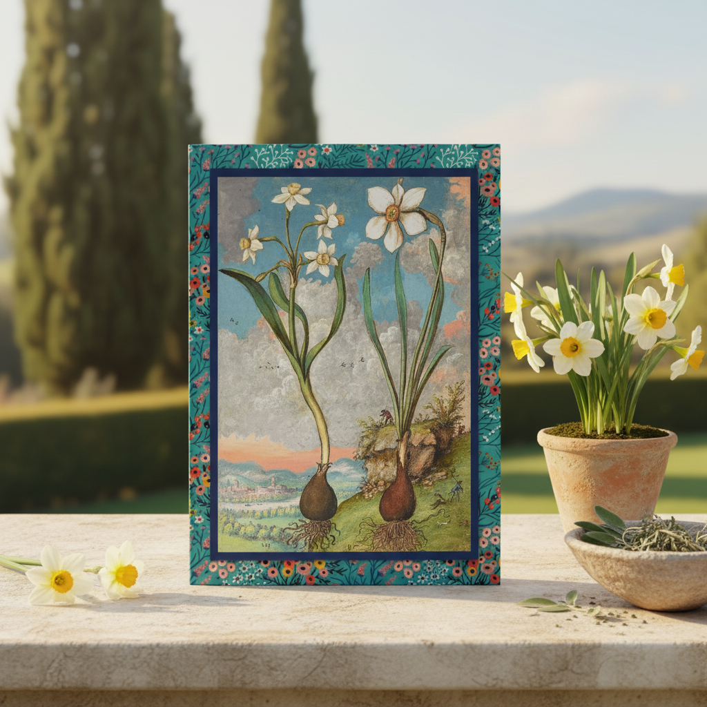 Gherardo Cibo c.1564 Narcissus Hepatica journal at Italian Renaissance garden stone table with narcissus flowers cypress trees and Umbrian hills - LeBonJournal
