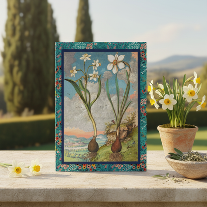 Gherardo Cibo c.1564 Narcissus Hepatica journal at Italian Renaissance garden stone table with narcissus flowers cypress trees and Umbrian hills - LeBonJournal
