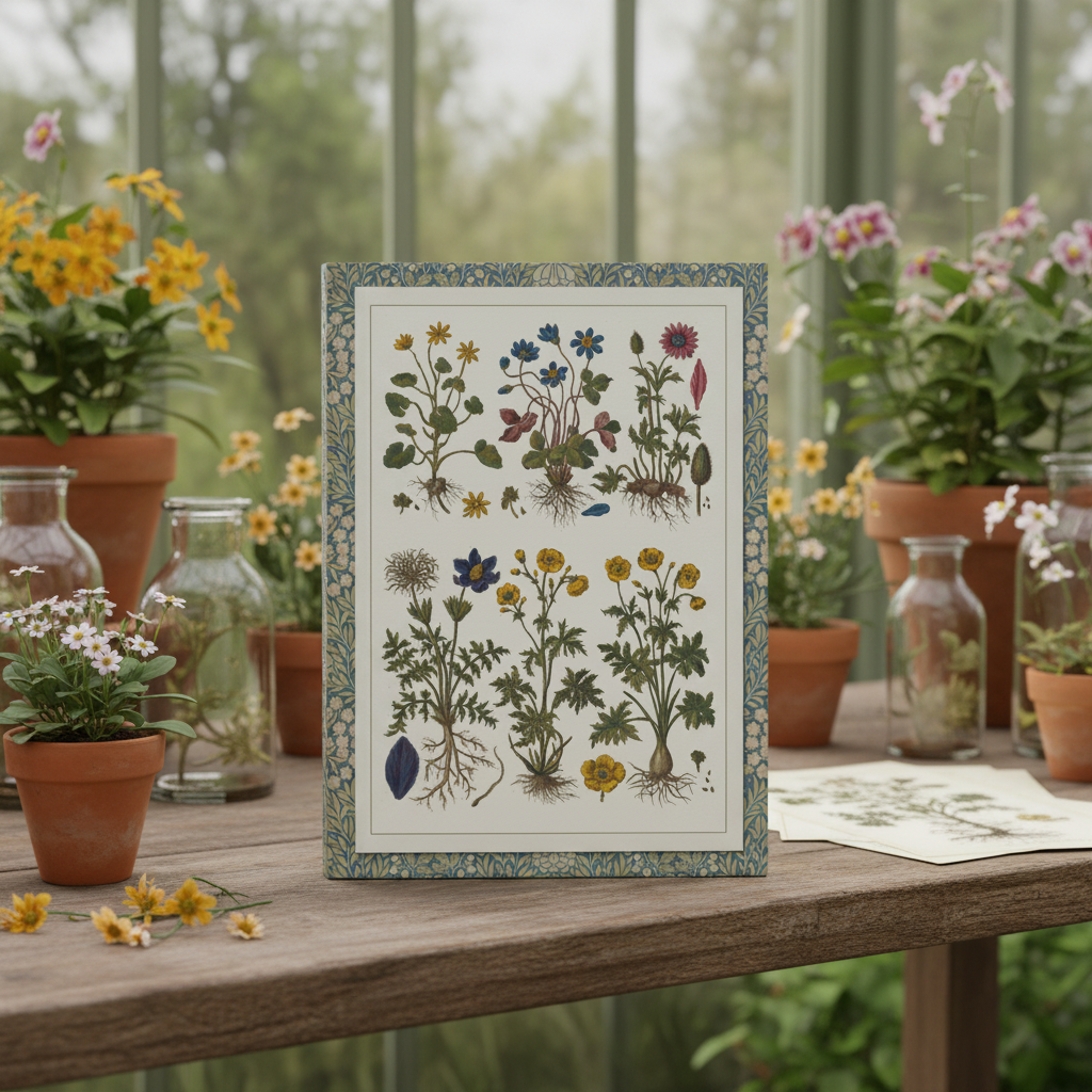 Gianbattista Morandi 1744 Historia Botanica Practica botanical journal standing in Victorian glass conservatory with terracotta pots and pressed flower specimens - LeBonJournal