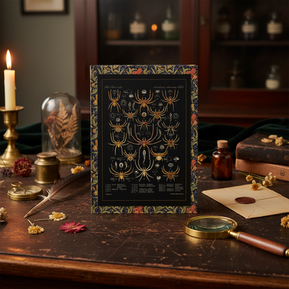 Godman arachnida spider journal in Victorian curiosity cabinet with brass magnifying glass and specimen jars - LeBonJournal