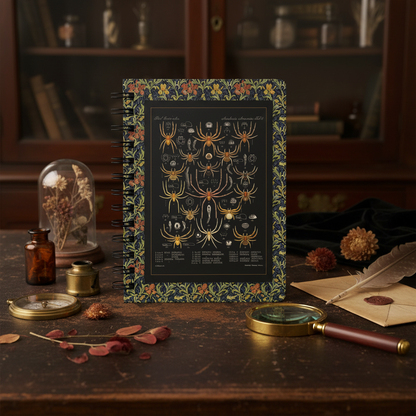 Godman arachnida spider spiral journal in Victorian curiosity cabinet with brass magnifying glass and specimen jars - LeBonJournal