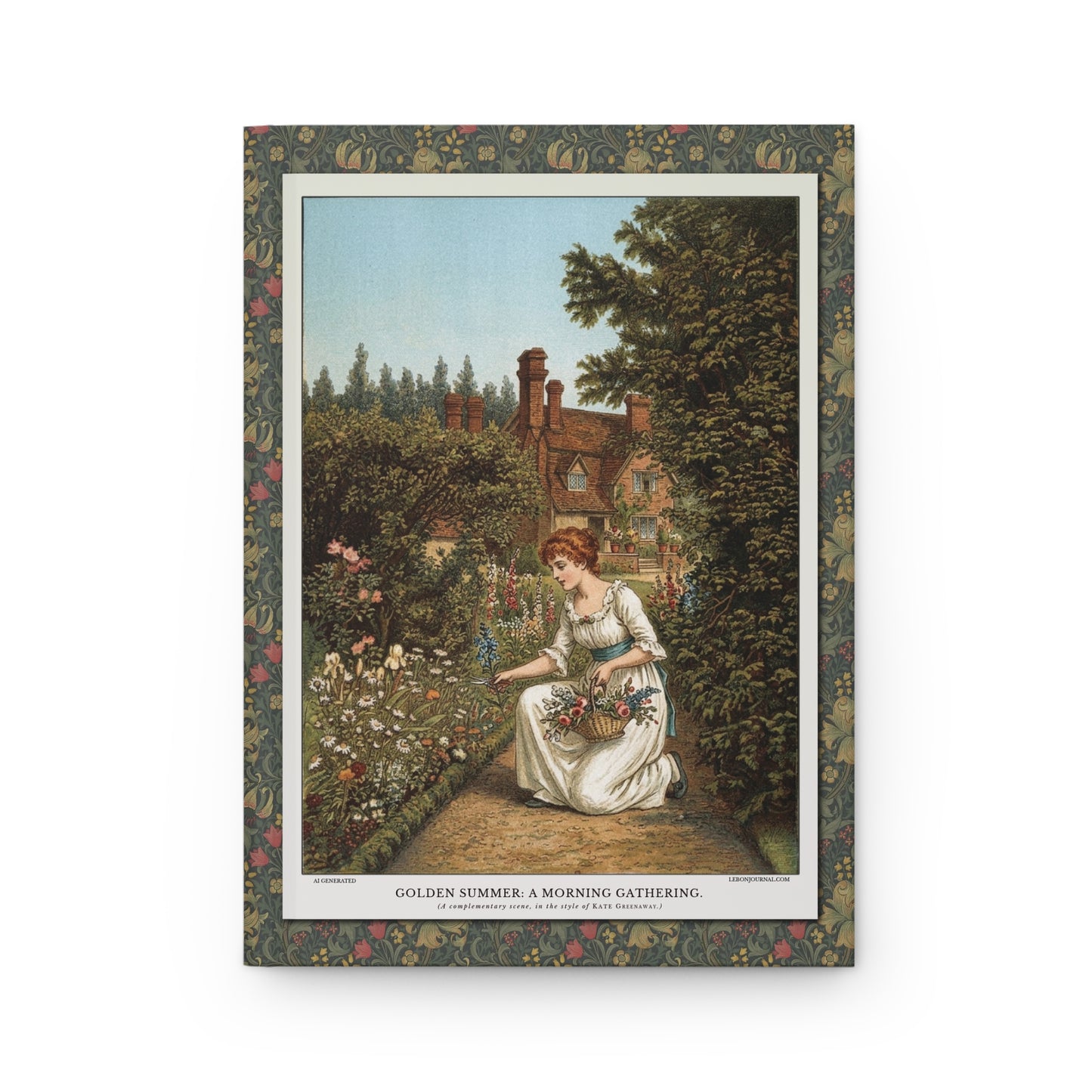 Golden Summer Morning Gathering front cover in Kate Greenaway style Victorian cottage garden high-waisted gown flower gathering - LeBonJournal
