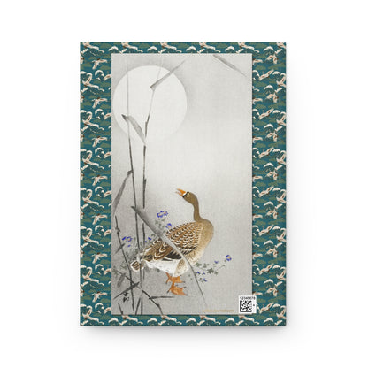 Goose at Full Moon back cover by Ohara Koson, single goose among reeds beneath luminous full moon, ukiyo-e 1900–1936 - LeBonJournal