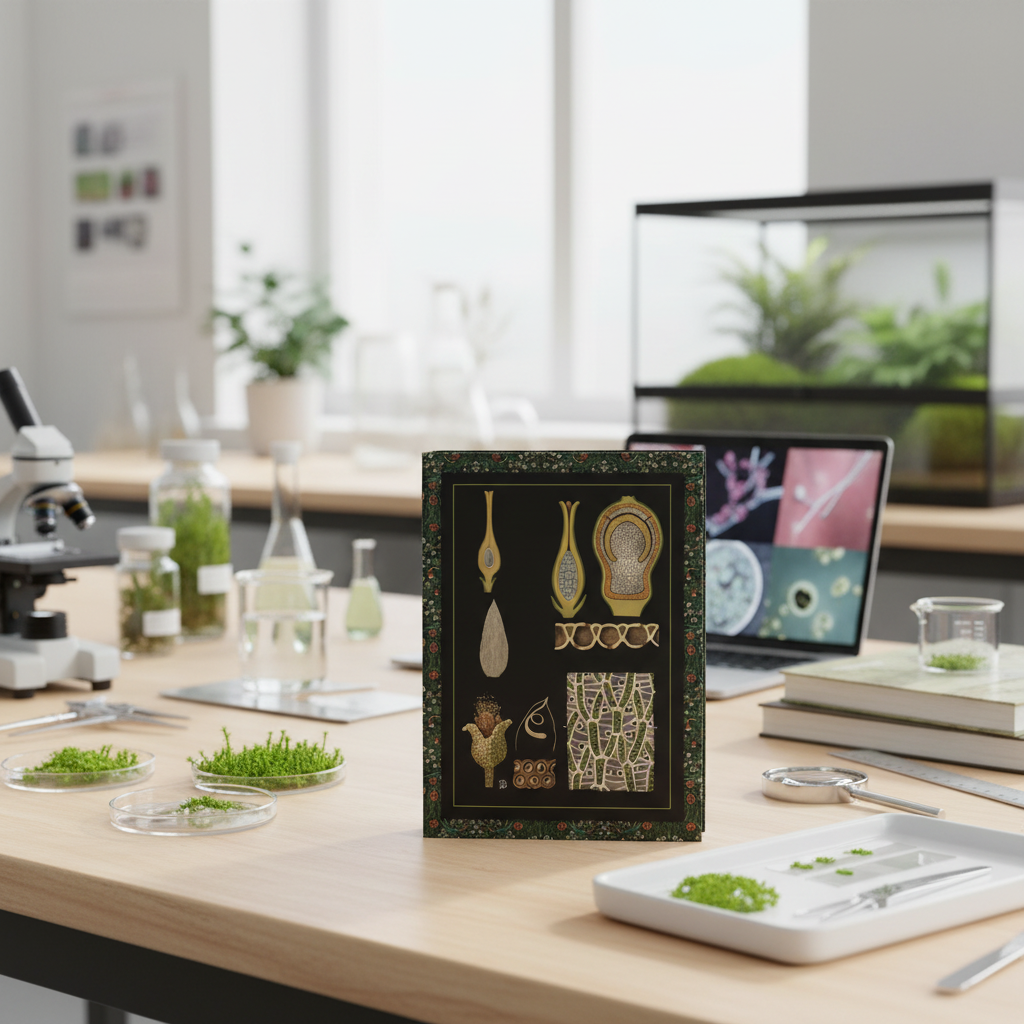 Gottlieb von Koch sphagnum moss journal on botanical laboratory bench with microscope petri dishes and live moss specimens - LeBonJournal