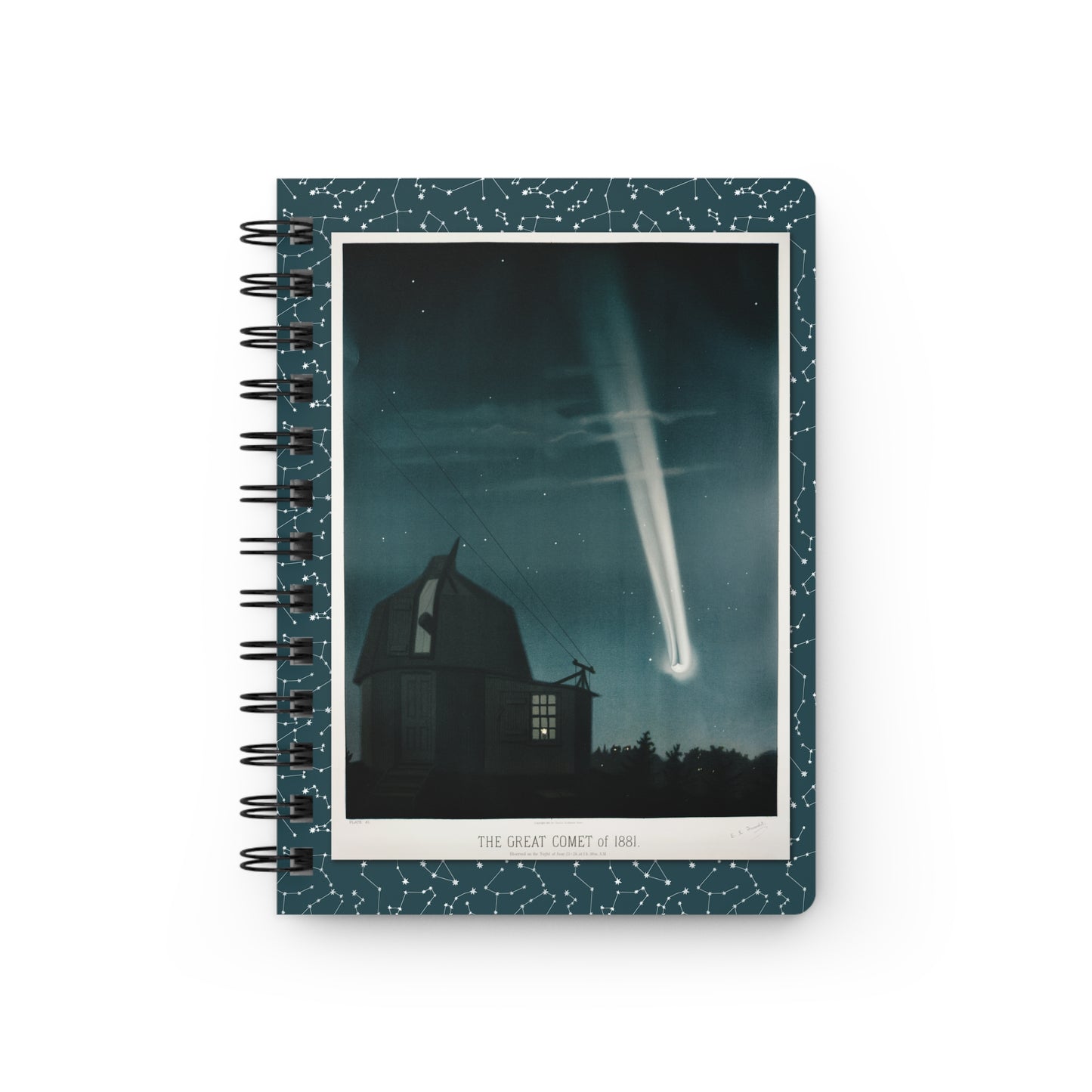 Great Comet of 1881 front cover from Trouvelot 1882 Astronomical Drawings Scribner's on teal constellation spiral journal - LeBonJournal