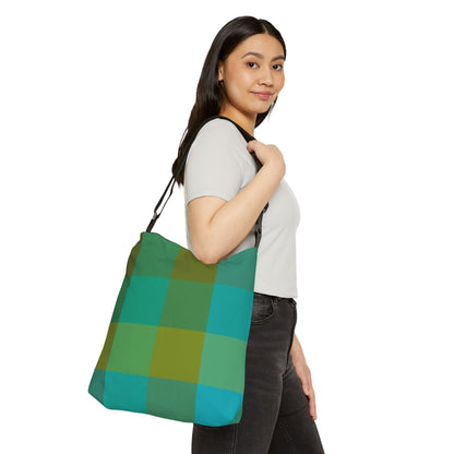 Young woman wearing green plaid crossbody bag 16x16 inches with adjustable strap - LeBonJournal