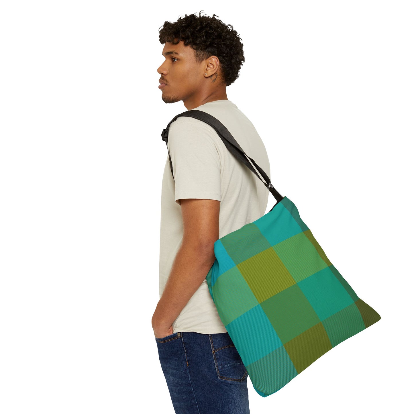 Young man wearing green plaid crossbody bag 18x18 inches, unisex everyday campus bag - LeBonJournal