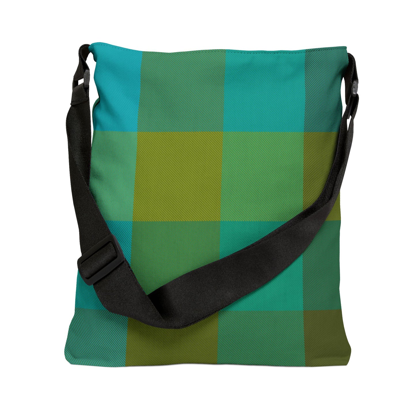 Green plaid crossbody bag standing with strap down, bold turquoise and green tartan print - LeBonJournal