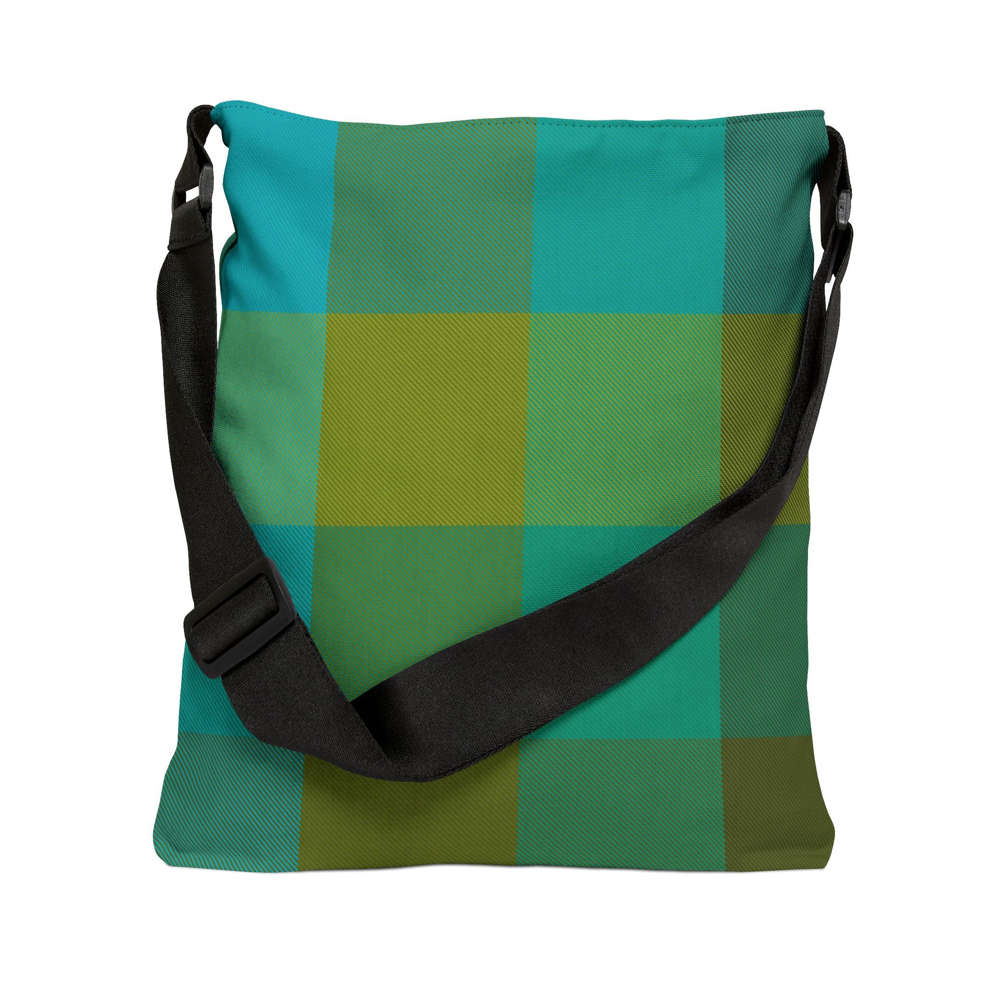 Green plaid crossbody bag standing with strap down, bold turquoise and green tartan print - LeBonJournal