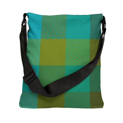 Green plaid crossbody bag standing with strap down, bold turquoise and green tartan print - LeBonJournal
