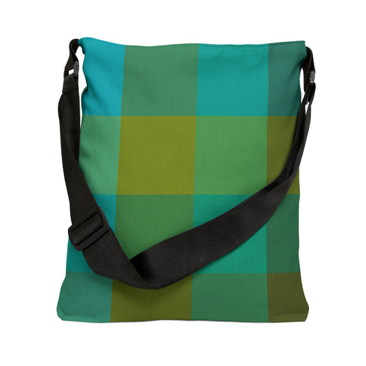 Green plaid crossbody bag standing with strap down, bold turquoise and green tartan print - LeBonJournal