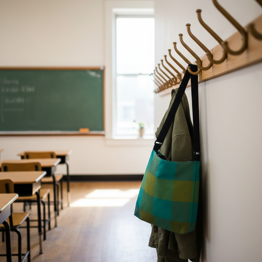 Green plaid crossbody bag hanging on wooden classroom coat rack next to olive green coat - LeBonJournal