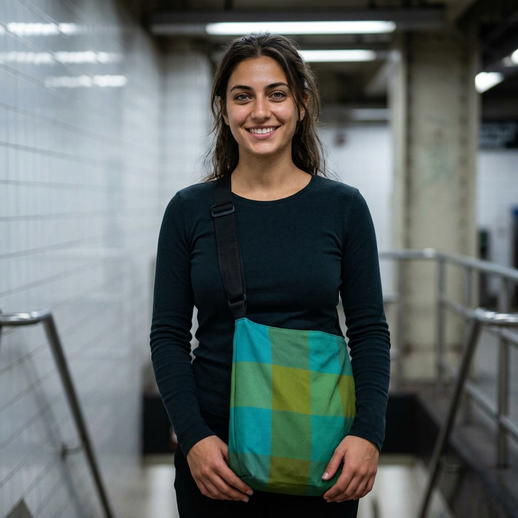 Young woman wearing green plaid crossbody bag at metro station, bold tartan everyday carry - LeBonJournal