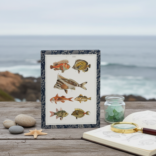 Gustav von Hayek 1887 fish blank journal at coastal natural history study with ocean pebbles starfish and magnifying glass - LeBonJournal