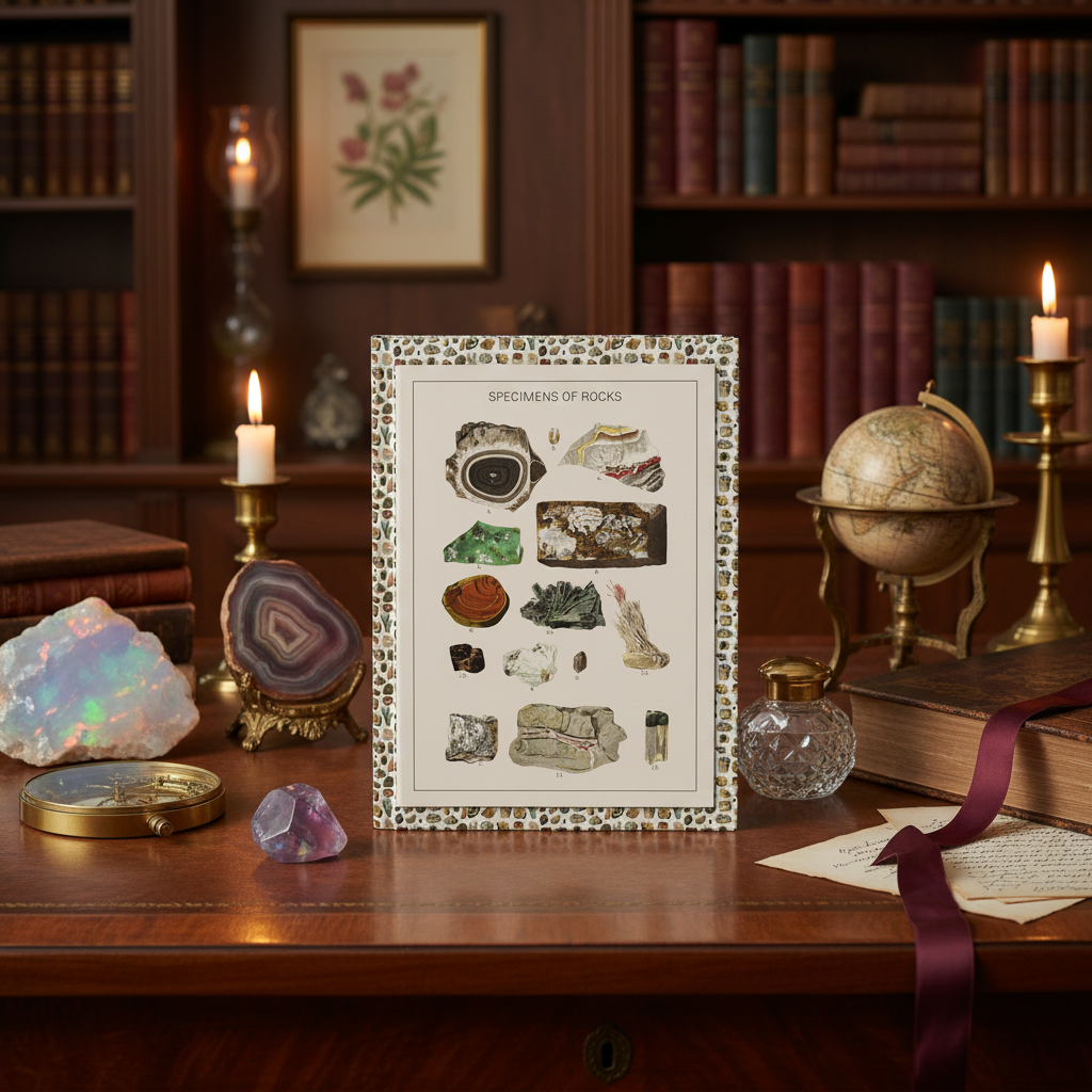 Gustav von Hayek 1887 mineral specimens journal in opulent Viennese Biedermeier study with Hungarian opal fluorite onyx brass compass and leather-bound books in warm candlelight - LeBonJournal