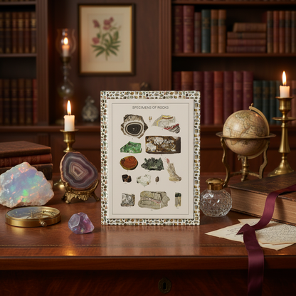 Gustav von Hayek 1887 mineral specimens journal in opulent Viennese Biedermeier study with Hungarian opal fluorite onyx brass compass and leather-bound books in warm candlelight - LeBonJournal