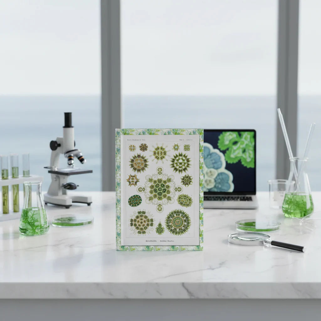 Ernst Haeckel 1904 algae journal with Kunstformen der Natur lithographs on natural history studio desk with microscope - LeBonJournal