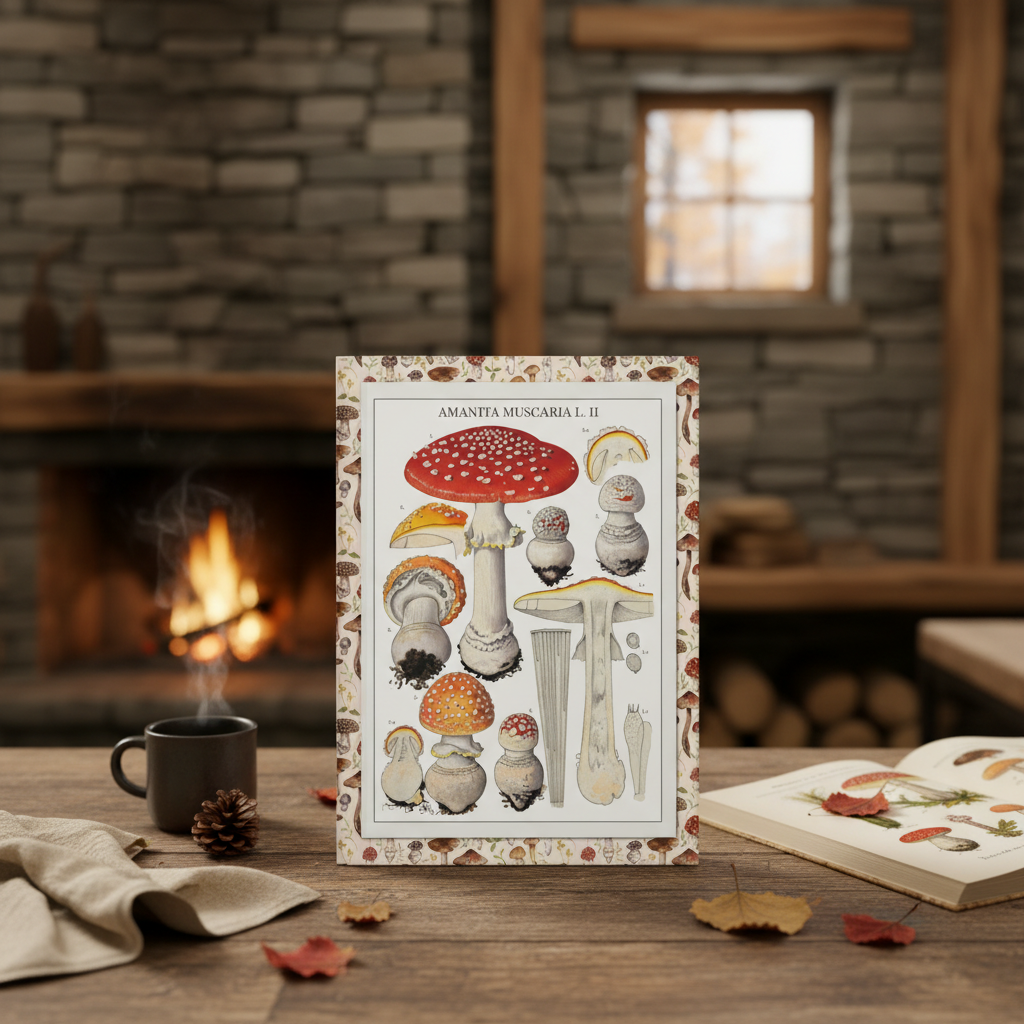 Hans Walty Amanita muscaria journal on rustic table in Swiss mountain cabin with hot tea, pinecone and fireplace glow - LeBonJournal