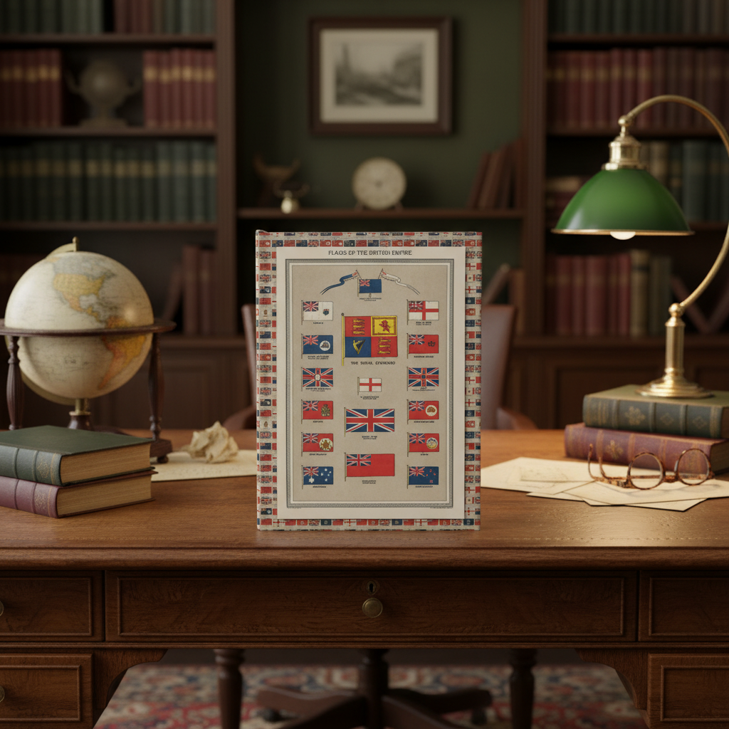 Harmsworth Atlas 1908 flags journal on antique oak desk with vintage globe, green opaline lamp, leather-bound books and tortoiseshell glasses - LeBonJournal
