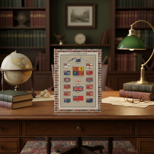 Harmsworth Atlas 1908 flags journal on antique oak desk with vintage globe, green opaline lamp, leather-bound books and tortoiseshell glasses - LeBonJournal