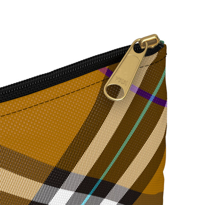 Close-up detail of black zipper and gold puller on honey plaid accessory pouch large size - LeBonJournal