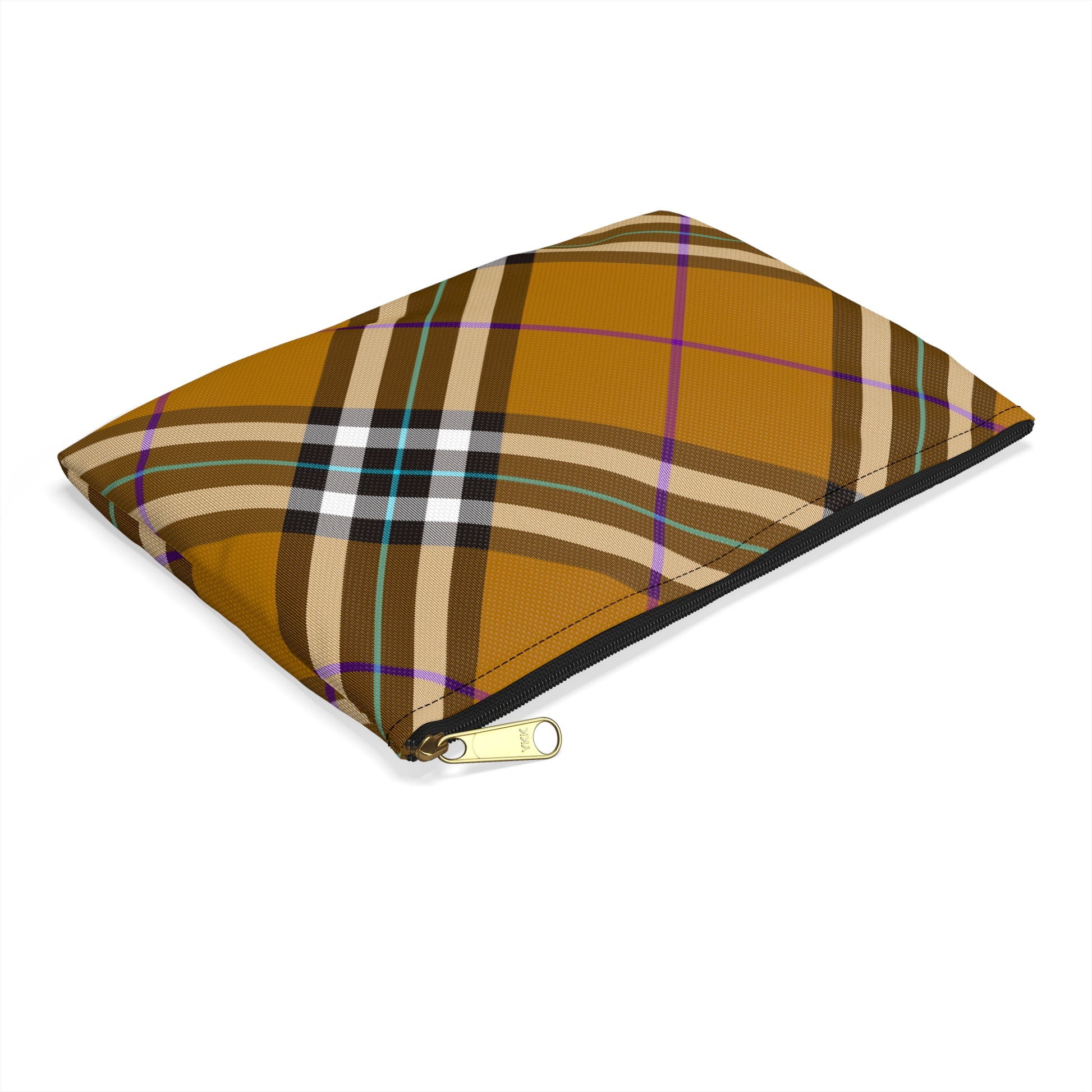 Honey plaid accessory pouch large size angled view showing original amber tartan with violet and teal accent lines - LeBonJournal