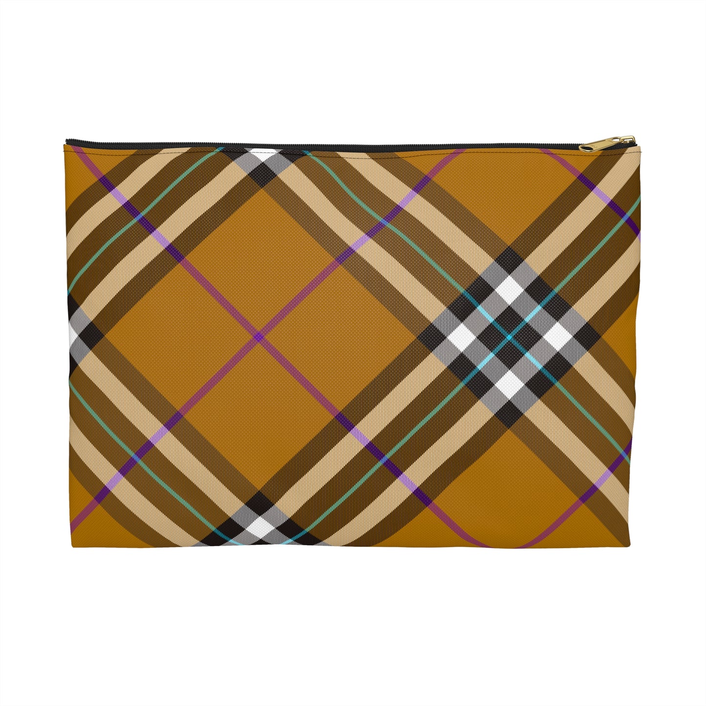 Honey plaid accessory pouch large size front view with original amber tartan pattern and black zipper, gold puller - LeBonJournal