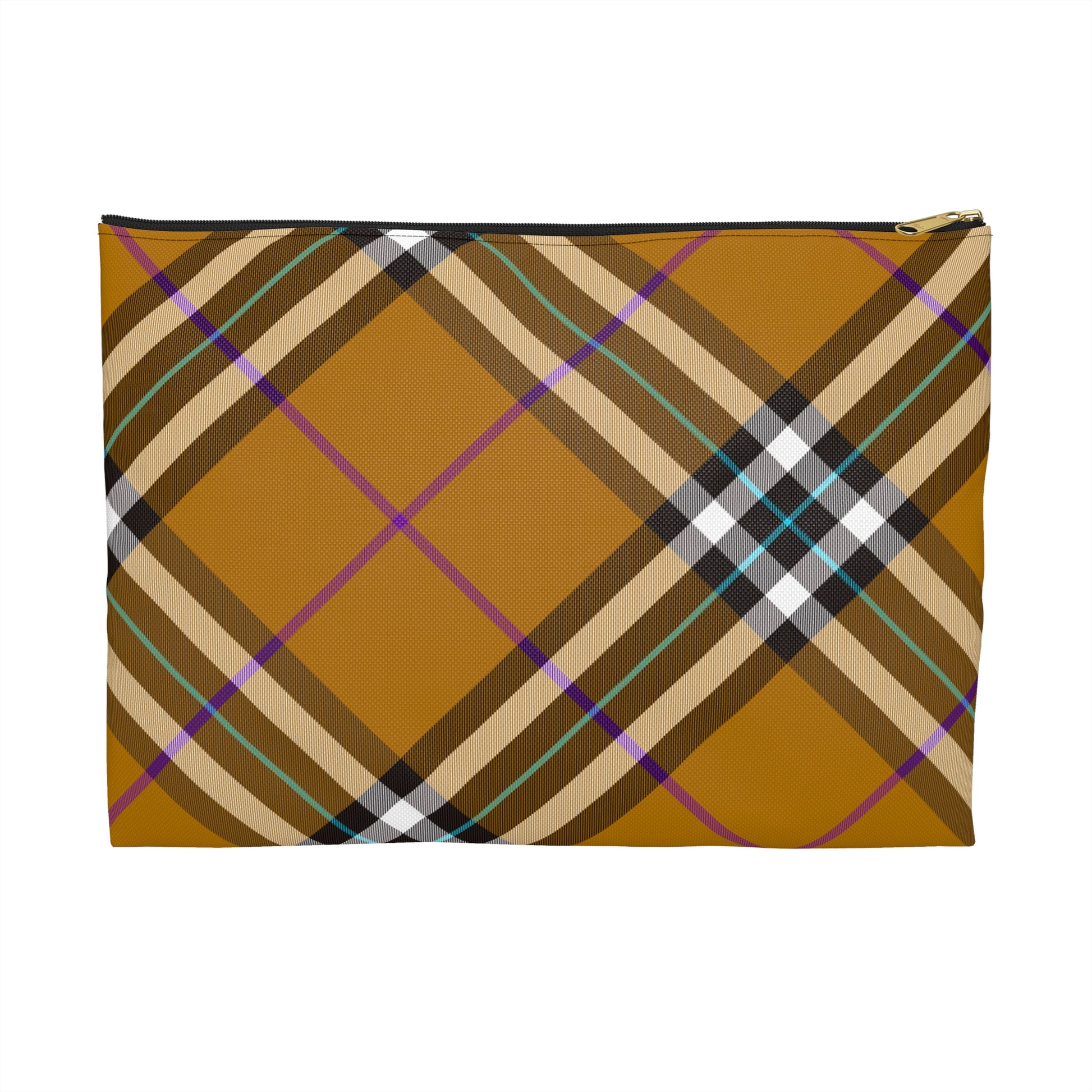 Honey plaid accessory pouch large size front view with original amber tartan pattern and black zipper, gold puller - LeBonJournal