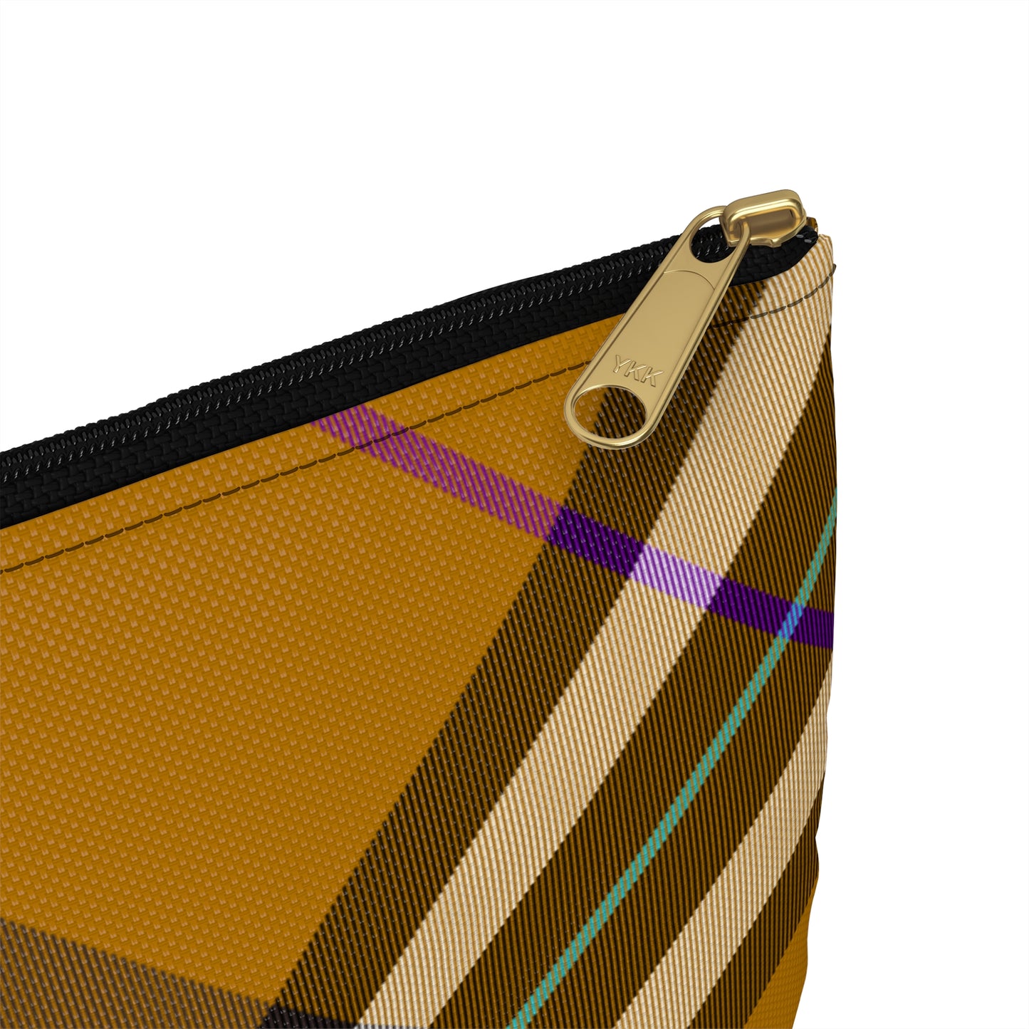 Close-up detail of black zipper and gold puller on honey plaid accessory pouch small size - LeBonJournal
