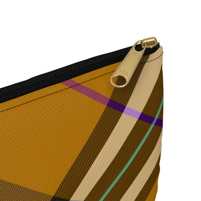 Close-up detail of black zipper and gold puller on honey plaid accessory pouch small size - LeBonJournal